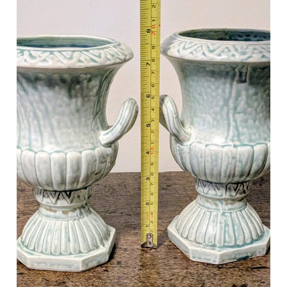 Vintage Pair Celadon Green Majolica Style Vases Neoclassical Mantle Urns Japan